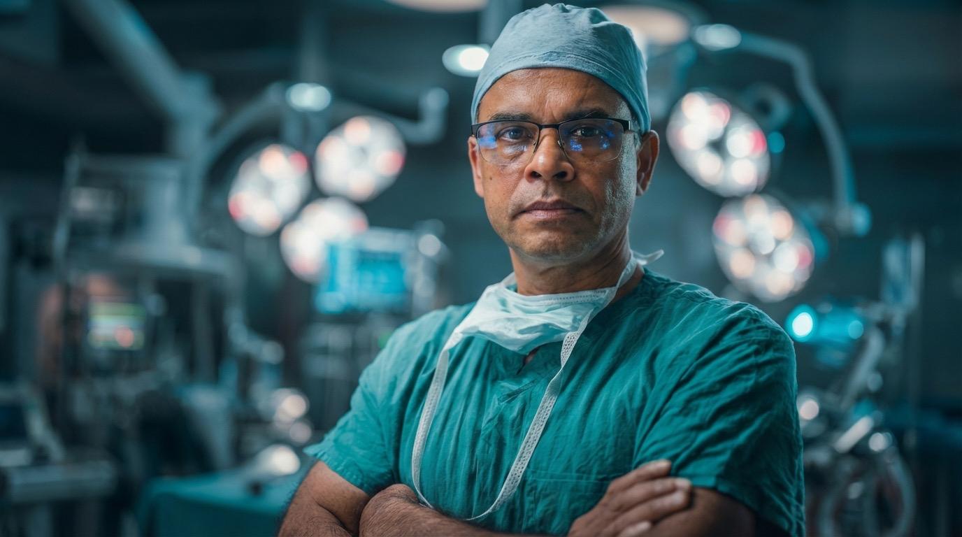 Mr Sumit Kar in surgical theatre performing laparoscopic surgery